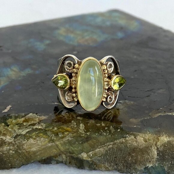 Michou Sterling Silver 925 Vermeil Oval Prehnite Peridot Scrollwork Ring Sz 6.25 - Picture 3 of 16